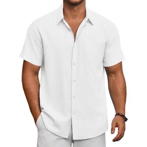 imageCOOFANDY Mens Short Sleeve Button Down Shirts Summer Casual Textured Shirt Vacation Beach Wedding Shirts with PocketWhite
