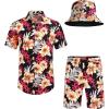 imageCOOFANDY Mens Hawaiian Shirt and Short Set Flower 2pieces Beach Outfit with Bucket HatsBlack  Orange Flower