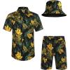 imageCOOFANDY Mens Hawaiian Shirt and Short Set Flower 2pieces Beach Outfit with Bucket HatsBlack Yellow Leaves