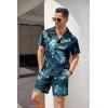 imageCOOFANDY Mens Hawaiian Shirt and Short Set Flower 2pieces Beach Outfit with Bucket HatsBlue Leaves