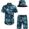 imageCOOFANDY Mens Hawaiian Shirt and Short Set Flower 2pieces Beach Outfit with Bucket HatsBlue Leaves