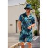 imageCOOFANDY Mens Hawaiian Shirt and Short Set Flower 2pieces Beach Outfit with Bucket HatsBlue Leaves