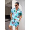 imageCOOFANDY Mens Hawaiian Shirt and Short Set Flower 2pieces Beach Outfit with Bucket HatsBlue Sky Flamingo