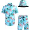 imageCOOFANDY Mens Hawaiian Shirt and Short Set Flower 2pieces Beach Outfit with Bucket HatsBlue Sky Flamingo
