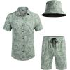 imageCOOFANDY Mens Hawaiian Shirt and Short Set Flower 2pieces Beach Outfit with Bucket HatsGreen White Leaves