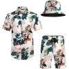 imageCOOFANDY Mens Hawaiian Shirt and Short Set Flower 2pieces Beach Outfit with Bucket HatsKhaki Leaves  Flower