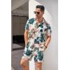 imageCOOFANDY Mens Hawaiian Shirt and Short Set Flower 2pieces Beach Outfit with Bucket HatsKhaki Leaves  Flower