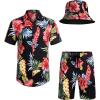 imageCOOFANDY Mens Hawaiian Shirt and Short Set Flower 2pieces Beach Outfit with Bucket HatsNavy  Red