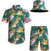 imageCOOFANDY Mens Hawaiian Shirt and Short Set Flower 2pieces Beach Outfit with Bucket HatsOlive Green