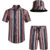 imageCOOFANDY Mens Hawaiian Shirt and Short Set Flower 2pieces Beach Outfit with Bucket HatsStripes