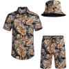 imageCOOFANDY Mens Hawaiian Shirt and Short Set Flower 2pieces Beach Outfit with Bucket HatsTropic Leaves