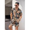 imageCOOFANDY Mens Hawaiian Shirt and Short Set Flower 2pieces Beach Outfit with Bucket HatsTropic Leaves
