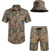 imageCOOFANDY Mens Hawaiian Shirt and Short Set Flower 2pieces Beach Outfit with Bucket HatsVintage