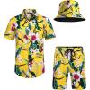 imageCOOFANDY Mens Hawaiian Shirt and Short Set Flower 2pieces Beach Outfit with Bucket HatsYellow Hawaiian