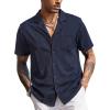 imageCOOFANDY Mens Wrinkle Free Untucked Cuban Shirt Business Casual Button Down Shirts Short Sleeve ShirtDark Blue