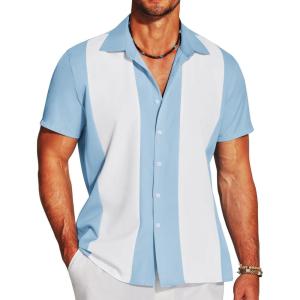 imageCOOFANDY Mens Casual Vintage Bowling Shirt Short Sleeve Button Down Summer Beach Untucked ShirtsBluewhite