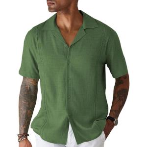 imageCOOFANDY Mens Cuban Guayabera Shirt Short Sleeve Button Down Shirts Casual Summer Beach Linen ShirtsA  Army Green