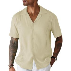 imageCOOFANDY Mens Cuban Guayabera Shirt Short Sleeve Button Down Shirts Casual Summer Beach Linen ShirtsA  Beige