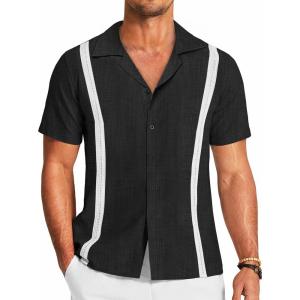 imageCOOFANDY Mens Cuban Guayabera Shirt Short Sleeve Button Down Shirts Casual Summer Beach Linen ShirtsA  Black  White