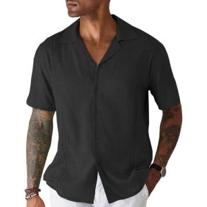 imageCOOFANDY Mens Cuban Guayabera Shirt Short Sleeve Button Down Shirts Casual Summer Beach Linen ShirtsA  Black