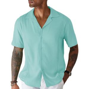 imageCOOFANDY Mens Cuban Guayabera Shirt Short Sleeve Button Down Shirts Casual Summer Beach Linen ShirtsA  Celadon Green