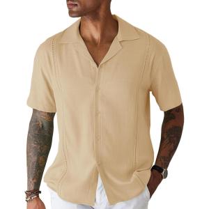 imageCOOFANDY Mens Cuban Guayabera Shirt Short Sleeve Button Down Shirts Casual Summer Beach Linen ShirtsA  Dark Khaki