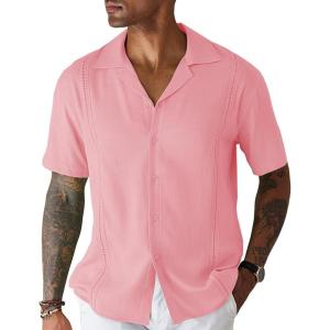imageCOOFANDY Mens Cuban Guayabera Shirt Short Sleeve Button Down Shirts Casual Summer Beach Linen ShirtsA  Dark Pink
