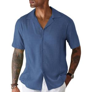 imageCOOFANDY Mens Cuban Guayabera Shirt Short Sleeve Button Down Shirts Casual Summer Beach Linen ShirtsA  Denim Blue
