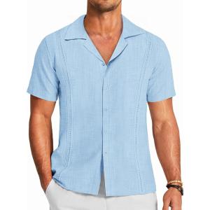 imageCOOFANDY Mens Cuban Guayabera Shirt Short Sleeve Button Down Shirts Casual Summer Beach Linen ShirtsA  Light Blue