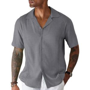 imageCOOFANDY Mens Cuban Guayabera Shirt Short Sleeve Button Down Shirts Casual Summer Beach Linen ShirtsA  Light Gray