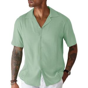 imageCOOFANDY Mens Cuban Guayabera Shirt Short Sleeve Button Down Shirts Casual Summer Beach Linen ShirtsA  Light Green