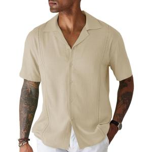 imageCOOFANDY Mens Cuban Guayabera Shirt Short Sleeve Button Down Shirts Casual Summer Beach Linen ShirtsA  Light Khaki