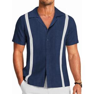 imageCOOFANDY Mens Cuban Guayabera Shirt Short Sleeve Button Down Shirts Casual Summer Beach Linen ShirtsA  Navy Blue  White