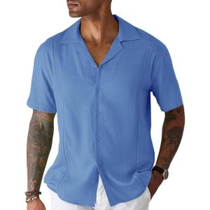 imageCOOFANDY Mens Cuban Guayabera Shirt Short Sleeve Button Down Shirts Casual Summer Beach Linen ShirtsA  Sky Blue