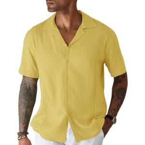 imageCOOFANDY Mens Cuban Guayabera Shirt Short Sleeve Button Down Shirts Casual Summer Beach Linen ShirtsA  Turmeric