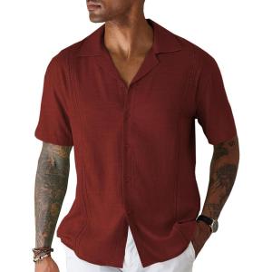 imageCOOFANDY Mens Cuban Guayabera Shirt Short Sleeve Button Down Shirts Casual Summer Beach Linen ShirtsA  Wine Red