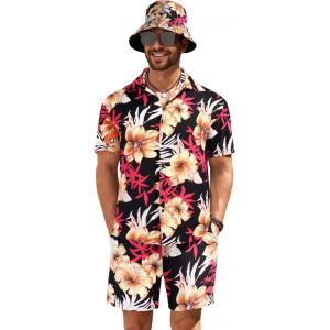 imageCOOFANDY Mens Hawaiian Shirt and Short Set Flower 2pieces Beach Outfit with Bucket HatsBlack  Orange Flower