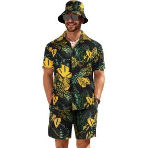 imageCOOFANDY Mens Hawaiian Shirt and Short Set Flower 2pieces Beach Outfit with Bucket HatsBlack Yellow Leaves