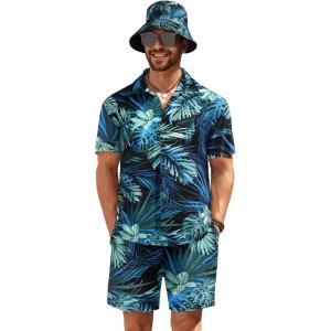 imageCOOFANDY Mens Hawaiian Shirt and Short Set Flower 2pieces Beach Outfit with Bucket HatsBlue Leaves