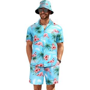 imageCOOFANDY Mens Hawaiian Shirt and Short Set Flower 2pieces Beach Outfit with Bucket HatsBlue Sky Flamingo