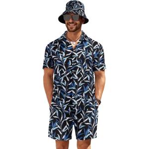 imageCOOFANDY Mens Hawaiian Shirt and Short Set Flower 2pieces Beach Outfit with Bucket HatsBlue White Leaves