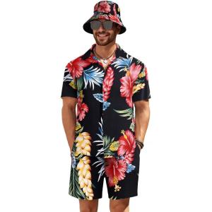 imageCOOFANDY Mens Hawaiian Shirt and Short Set Flower 2pieces Beach Outfit with Bucket HatsNavy  Red