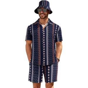 imageCOOFANDY Mens Hawaiian Shirt and Short Set Flower 2pieces Beach Outfit with Bucket HatsNavy