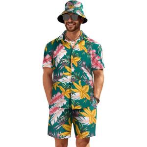 imageCOOFANDY Mens Hawaiian Shirt and Short Set Flower 2pieces Beach Outfit with Bucket HatsOlive Green
