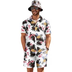 imageCOOFANDY Mens Hawaiian Shirt and Short Set Flower 2pieces Beach Outfit with Bucket HatsPineapple