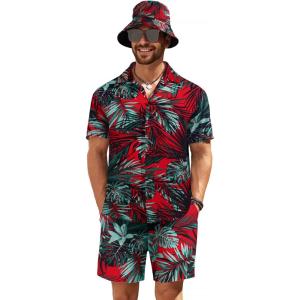 imageCOOFANDY Mens Hawaiian Shirt and Short Set Flower 2pieces Beach Outfit with Bucket HatsRed Leaves