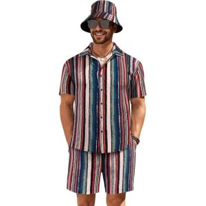 imageCOOFANDY Mens Hawaiian Shirt and Short Set Flower 2pieces Beach Outfit with Bucket HatsStripes