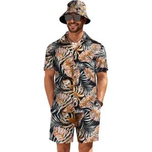 imageCOOFANDY Mens Hawaiian Shirt and Short Set Flower 2pieces Beach Outfit with Bucket HatsTropic Leaves