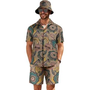 imageCOOFANDY Mens Hawaiian Shirt and Short Set Flower 2pieces Beach Outfit with Bucket HatsVintage