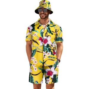 imageCOOFANDY Mens Hawaiian Shirt and Short Set Flower 2pieces Beach Outfit with Bucket HatsYellow Hawaiian